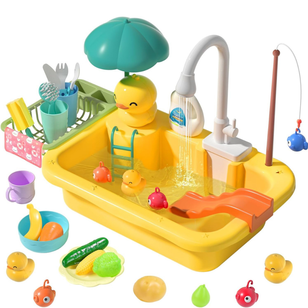 Kids Play Kitchen Sink Toy with Real Running Water and Cooking Accessories