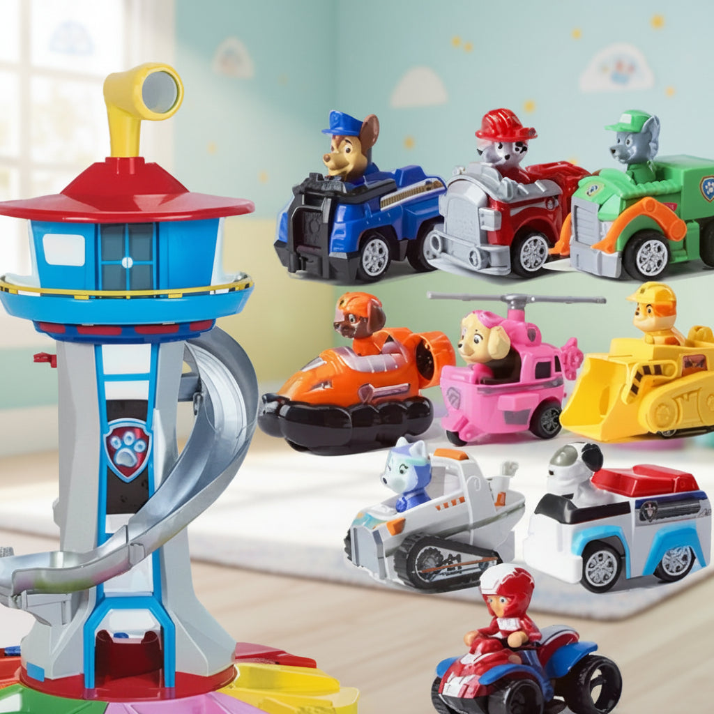 Kids Slide Tower Car Track Playset with Toy Vehicles and Figures