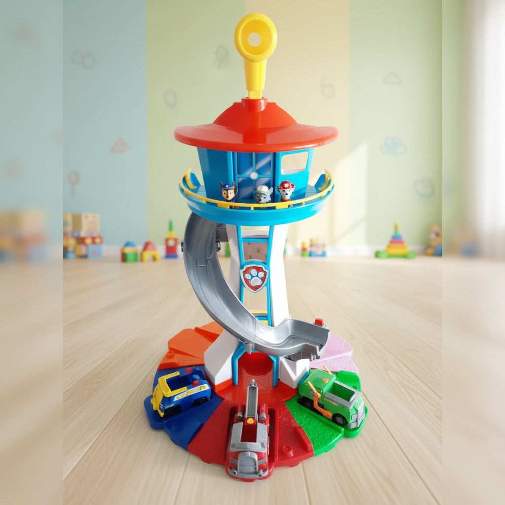 Kids Slide Tower Car Track Playset with Toy Vehicles and Figures