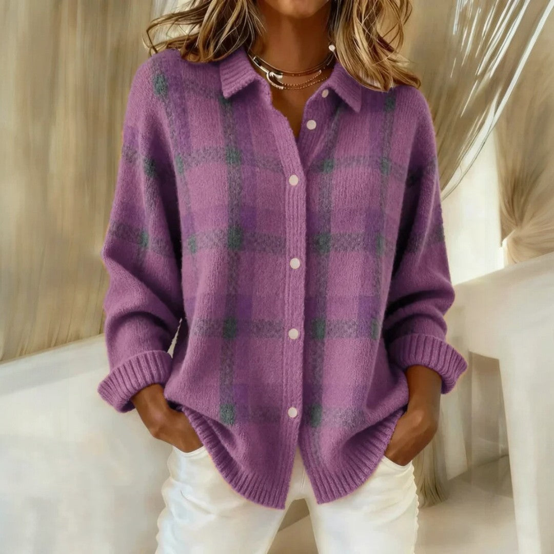 Casual Oversized Plaid Cardigan with Button Front and Long Sleeves