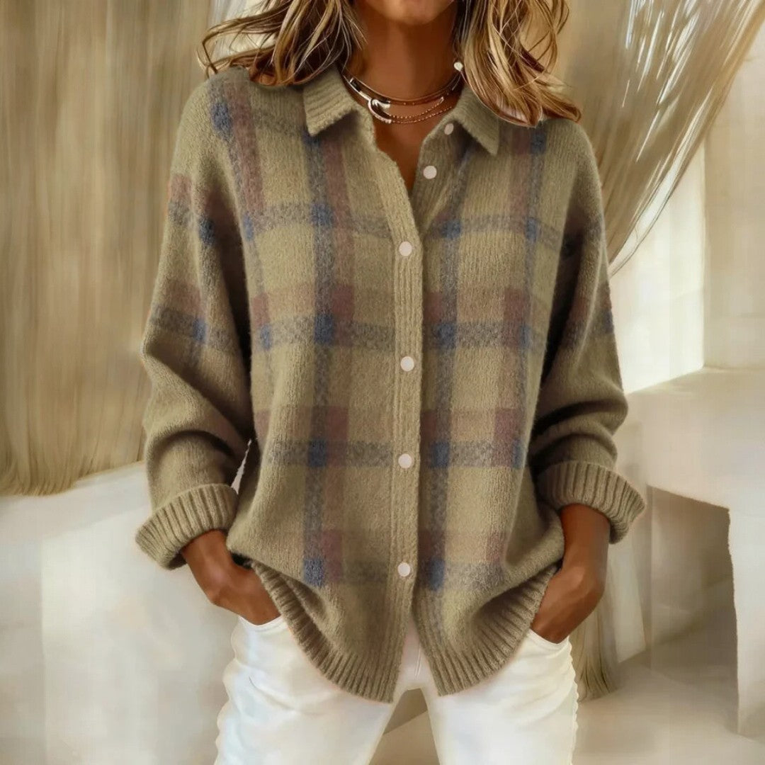 Casual Oversized Plaid Cardigan with Button Front and Long Sleeves