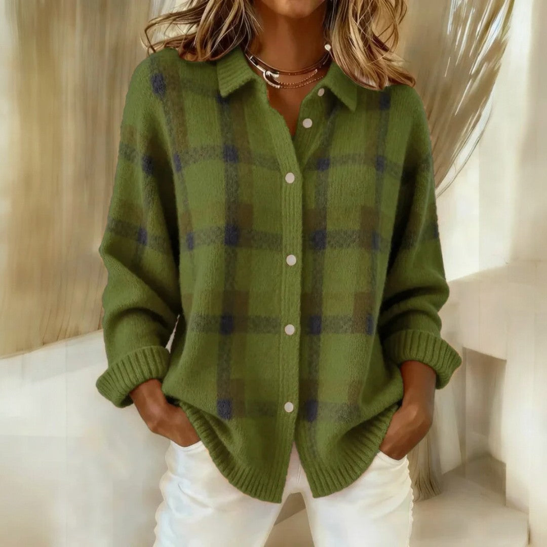 Casual Oversized Plaid Cardigan with Button Front and Long Sleeves