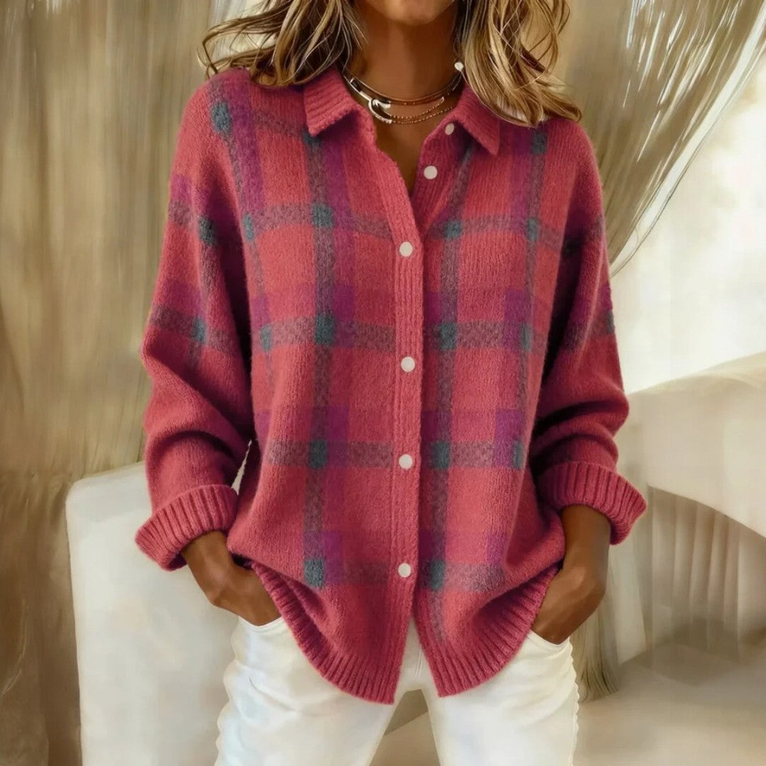 Casual Oversized Plaid Cardigan with Button Front and Long Sleeves
