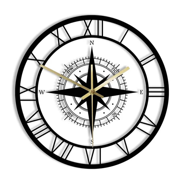 Silent Nautical Compass Wall Clock - Vintage Metal Design