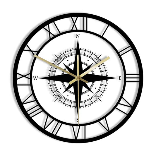 Silent Nautical Compass Wall Clock - Vintage Metal Design