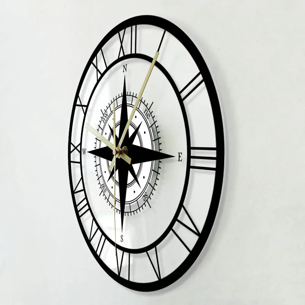 Silent Nautical Compass Wall Clock - Vintage Metal Design