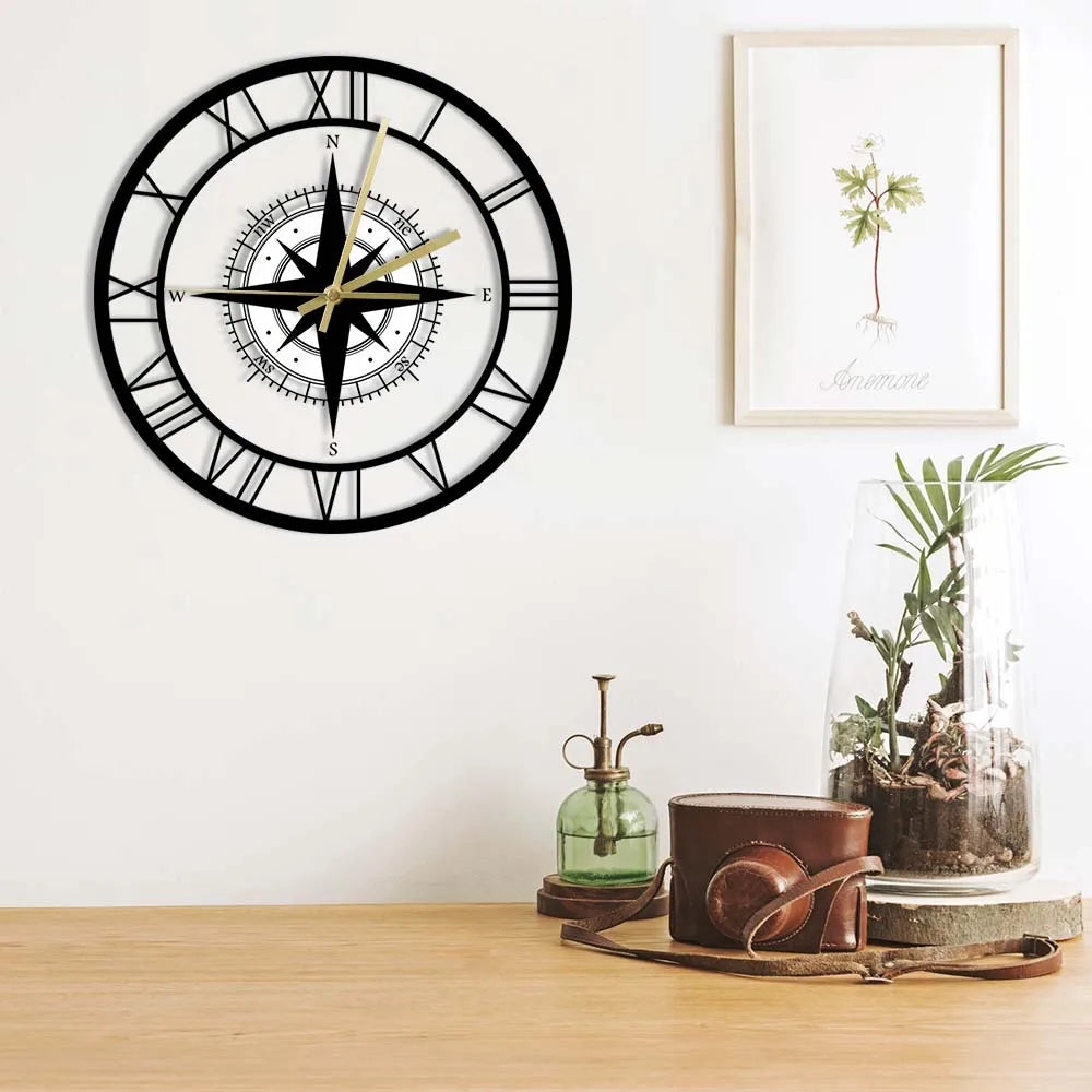 Silent Nautical Compass Wall Clock - Vintage Metal Design