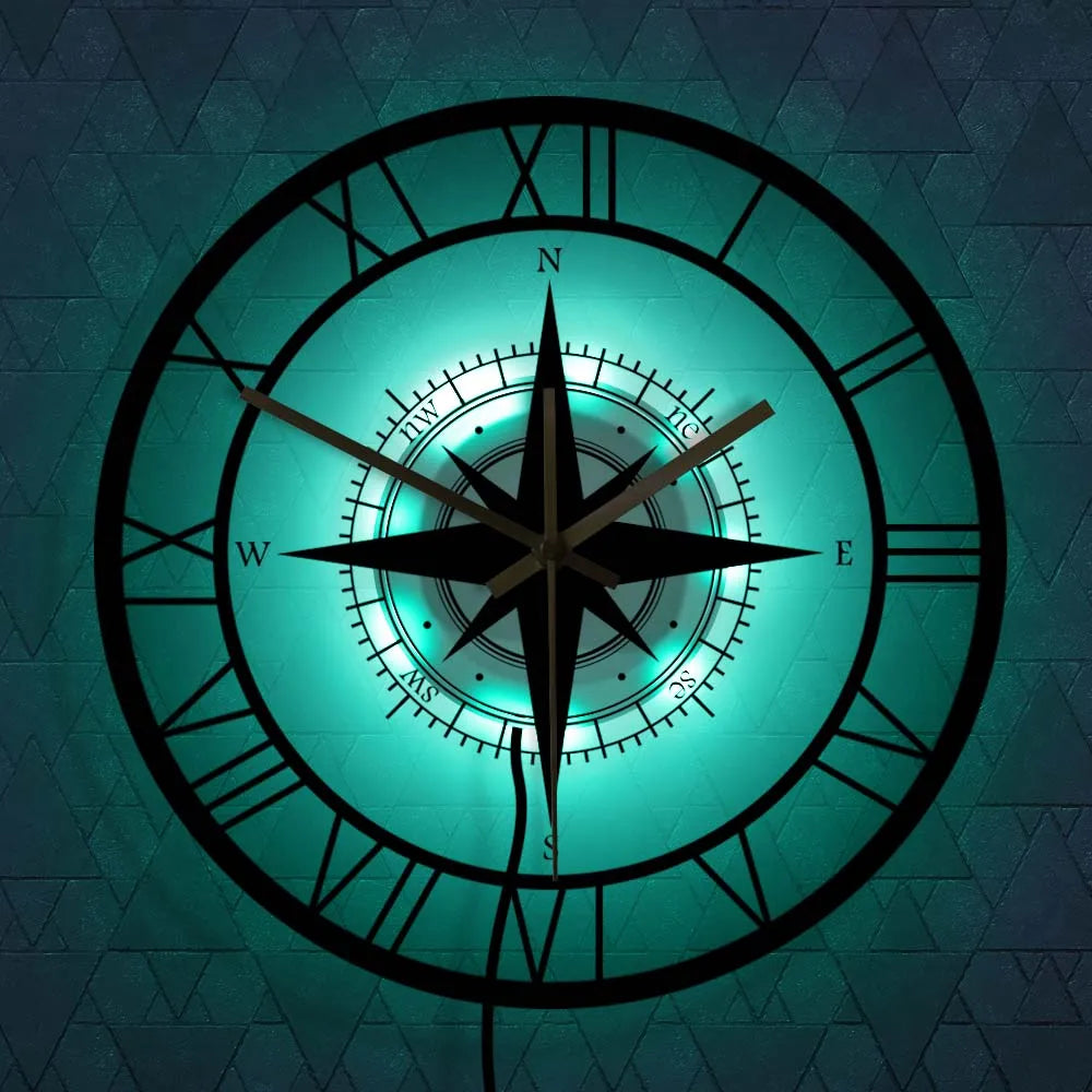 Silent Nautical Compass Wall Clock - Vintage Metal Design