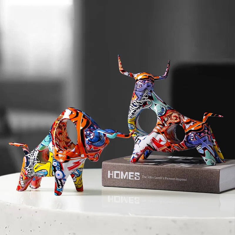 Colorful Graffiti Bull Sculpture in Resin