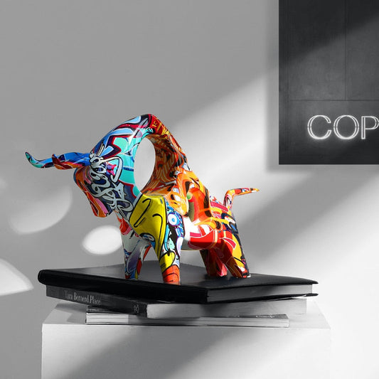 Colorful Graffiti Bull Sculpture in Resin