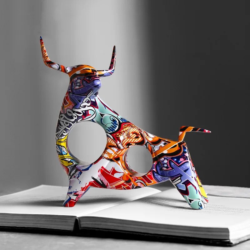 Colorful Graffiti Bull Sculpture in Resin