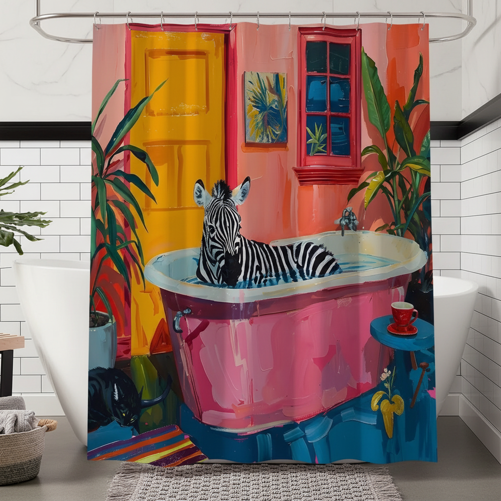 Zebra Print Polyester Shower Curtain - Water-Repellent and Mould-Resistant