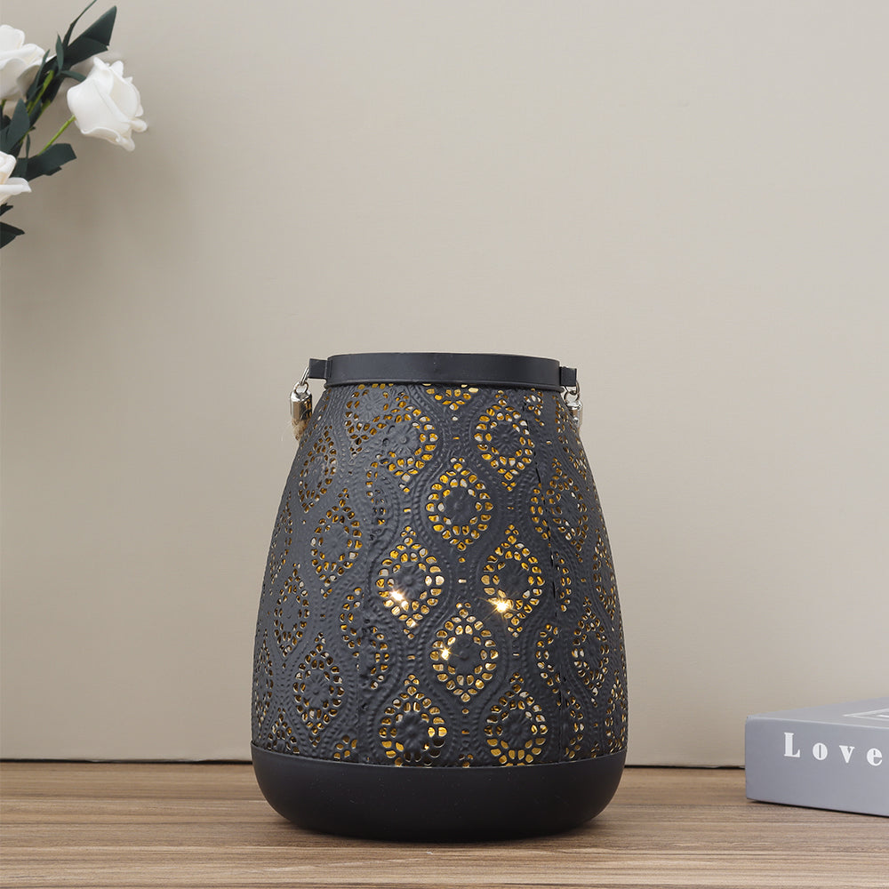 Cordless Black Metal Table Lamp with Geometric Cutouts