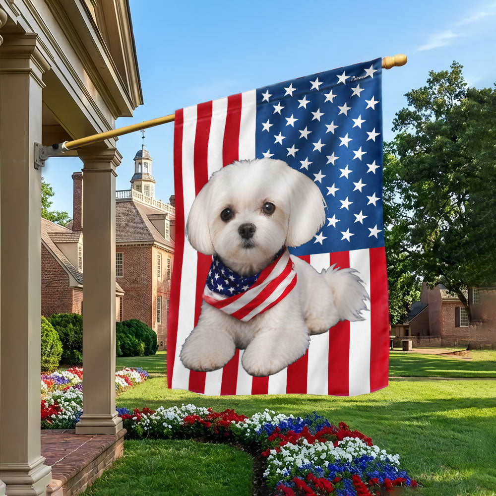 White Maltese Dog American Garden Flag, Double-Sided Patriotic Decor