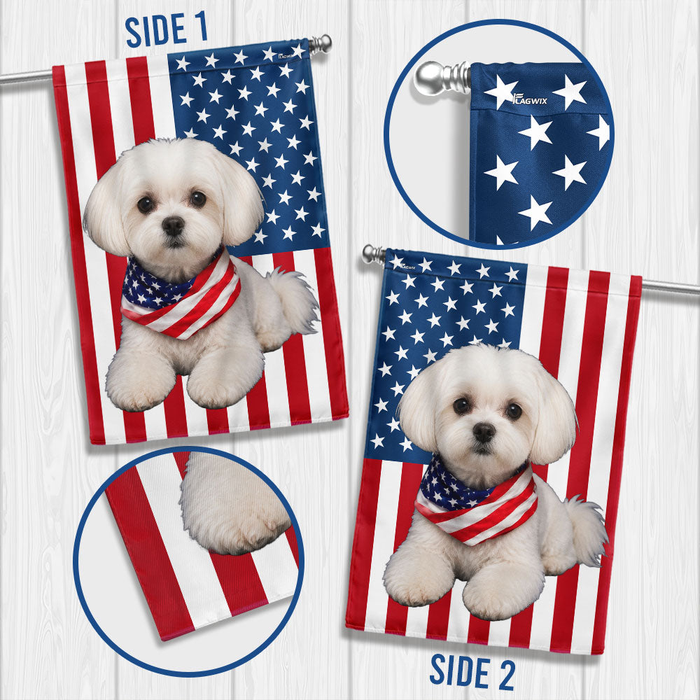 White Maltese Dog American Garden Flag, Double-Sided Patriotic Decor