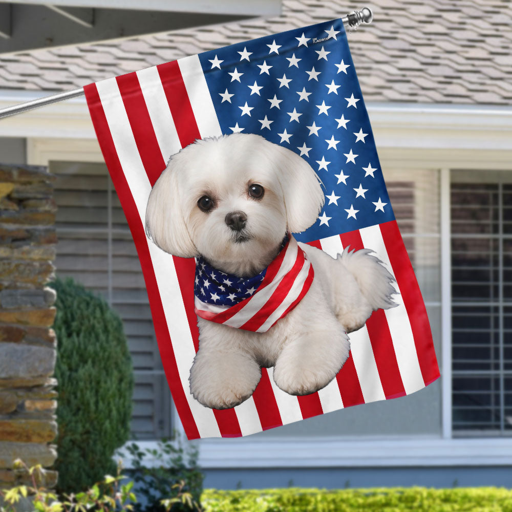 White Maltese Dog American Garden Flag, Double-Sided Patriotic Decor