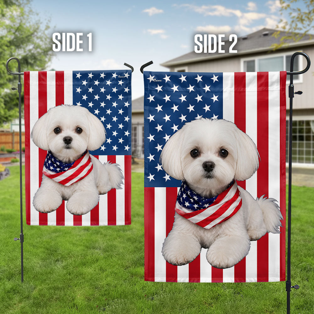 White Maltese Dog American Garden Flag, Double-Sided Patriotic Decor