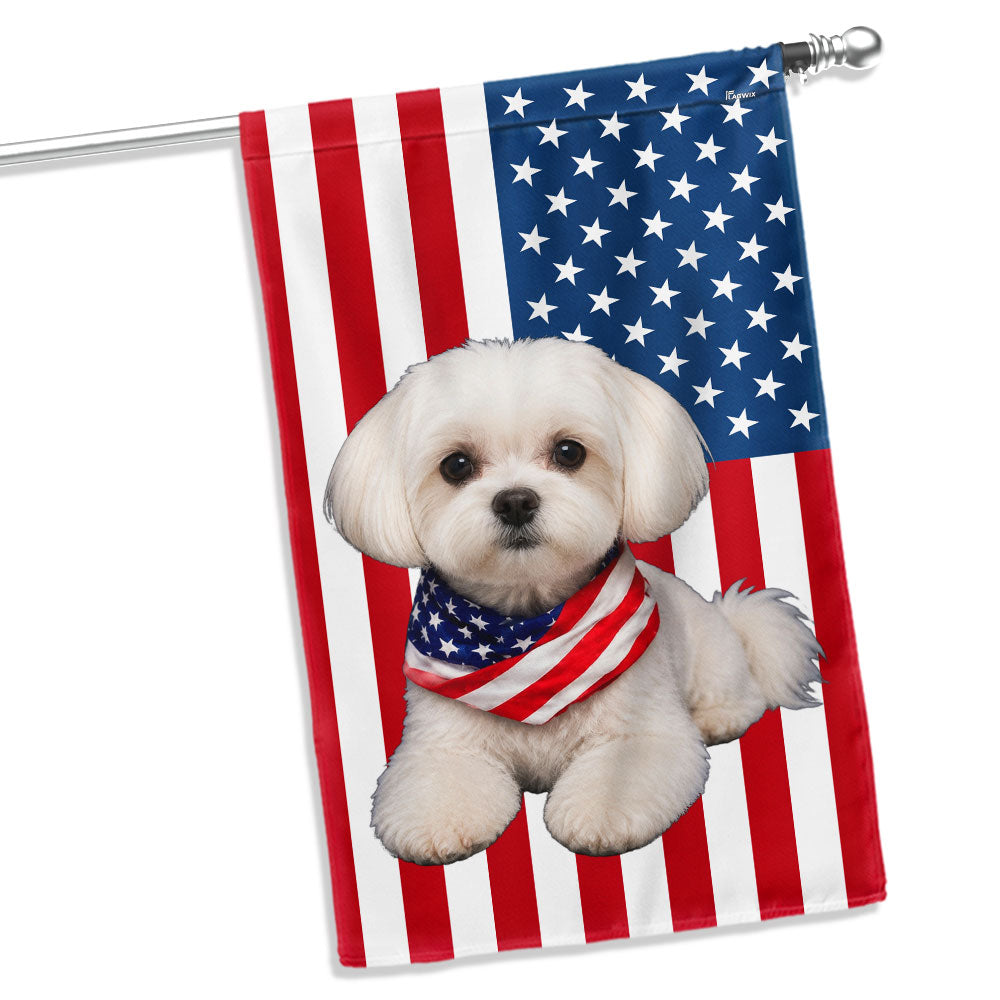 White Maltese Dog American Garden Flag, Double-Sided Patriotic Decor