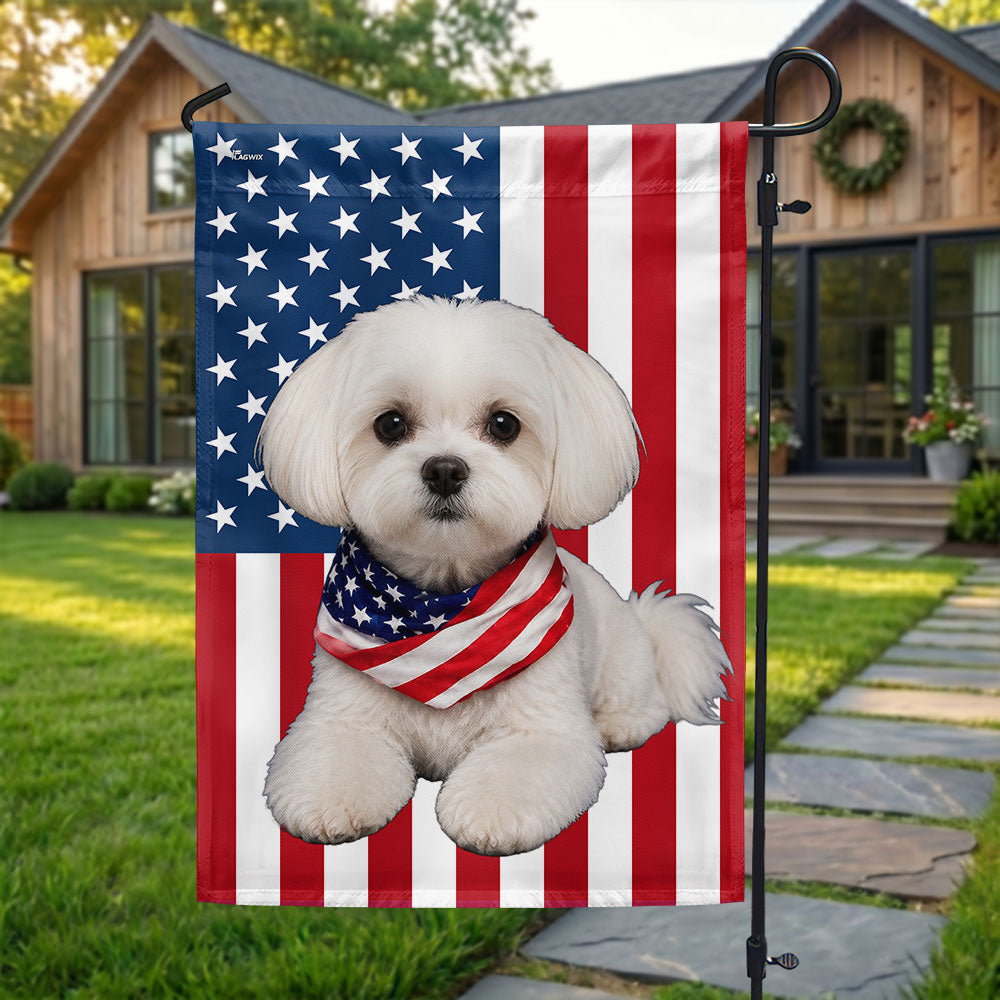 White Maltese Dog American Garden Flag, Double-Sided Patriotic Decor