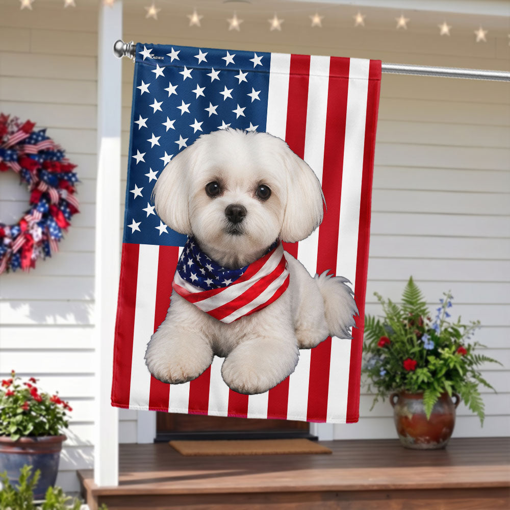 White Maltese Dog American Garden Flag, Double-Sided Patriotic Decor