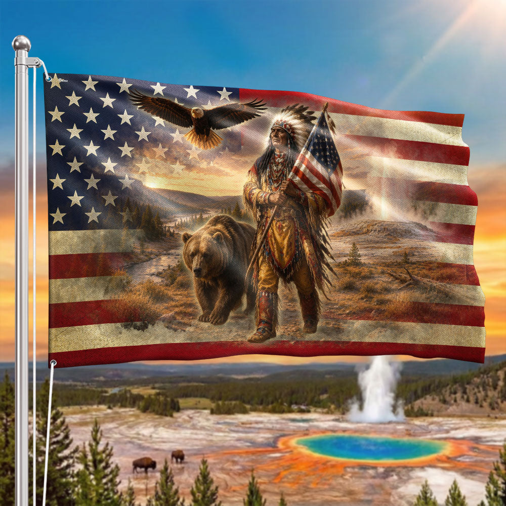 Patriotic Native American Veteran Flag with Grizzly Bear - Double-Sided Canvas, Custom Printed
