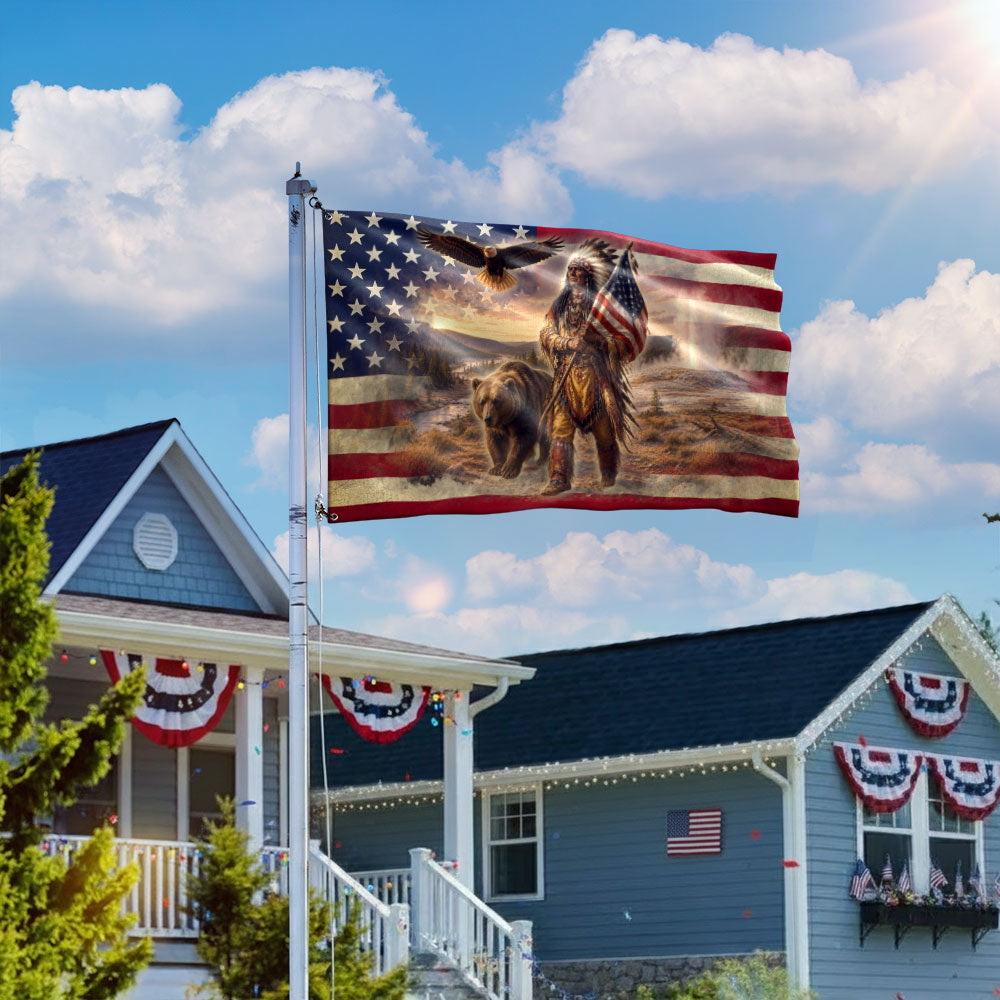 Patriotic Native American Veteran Flag with Grizzly Bear - Double-Sided Canvas, Custom Printed