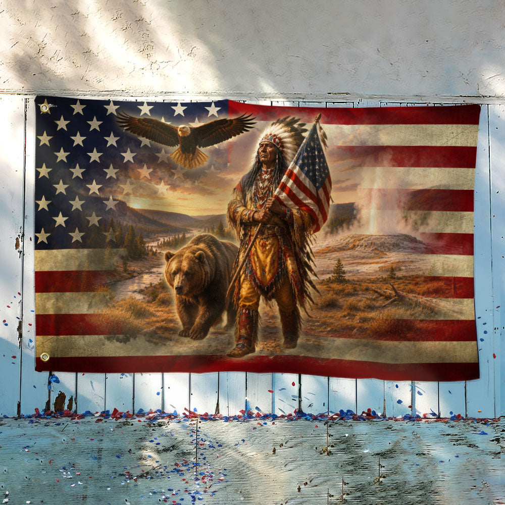 Patriotic Native American Veteran Flag with Grizzly Bear - Double-Sided Canvas, Custom Printed