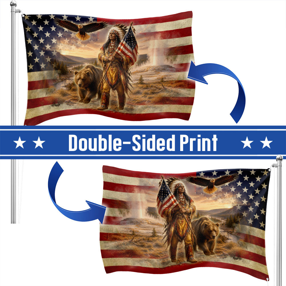 Patriotic Native American Veteran Flag with Grizzly Bear - Double-Sided Canvas, Custom Printed
