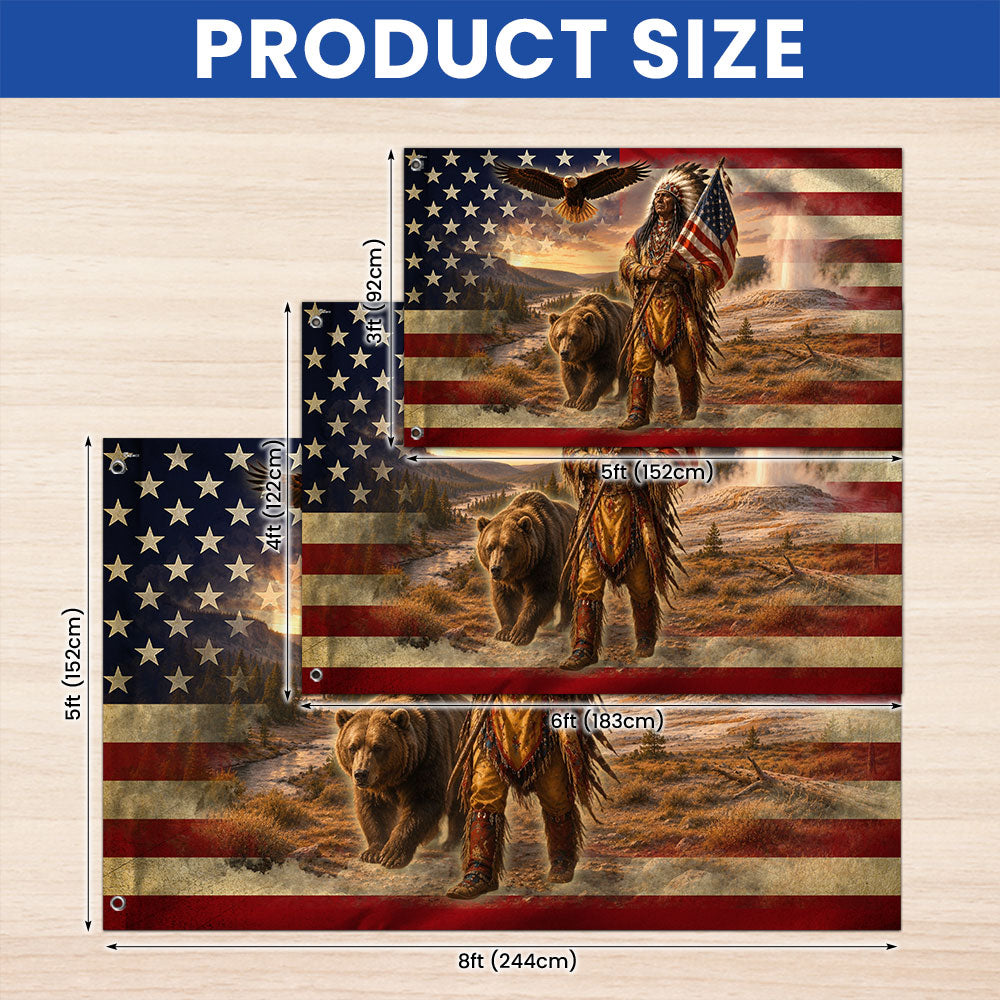 Patriotic Native American Veteran Flag with Grizzly Bear - Double-Sided Canvas, Custom Printed