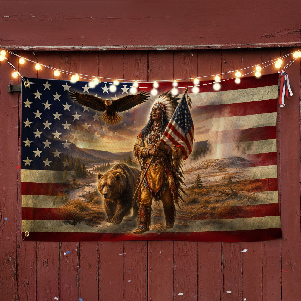 Patriotic Native American Veteran Flag with Grizzly Bear - Double-Sided Canvas, Custom Printed