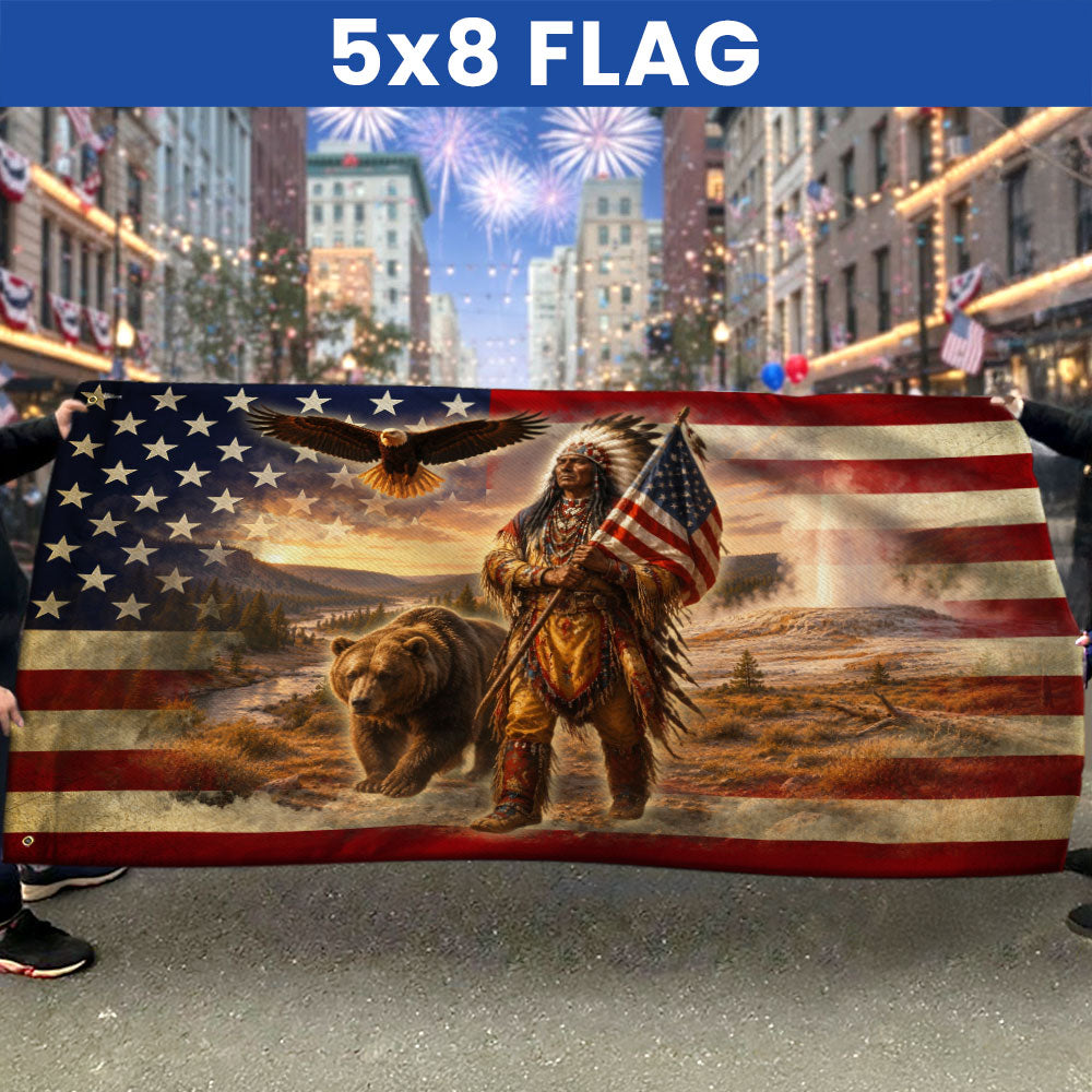 Patriotic Native American Veteran Flag with Grizzly Bear - Double-Sided Canvas, Custom Printed