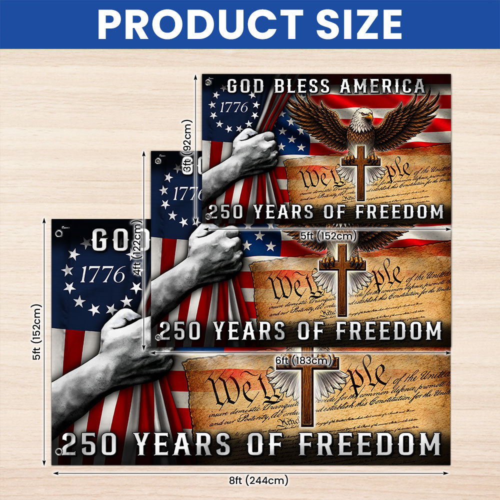 250 Years of Freedom Christian Grommet Flag - God Bless America 1776 2026, Double-Sided Canvas, 3 Sizes