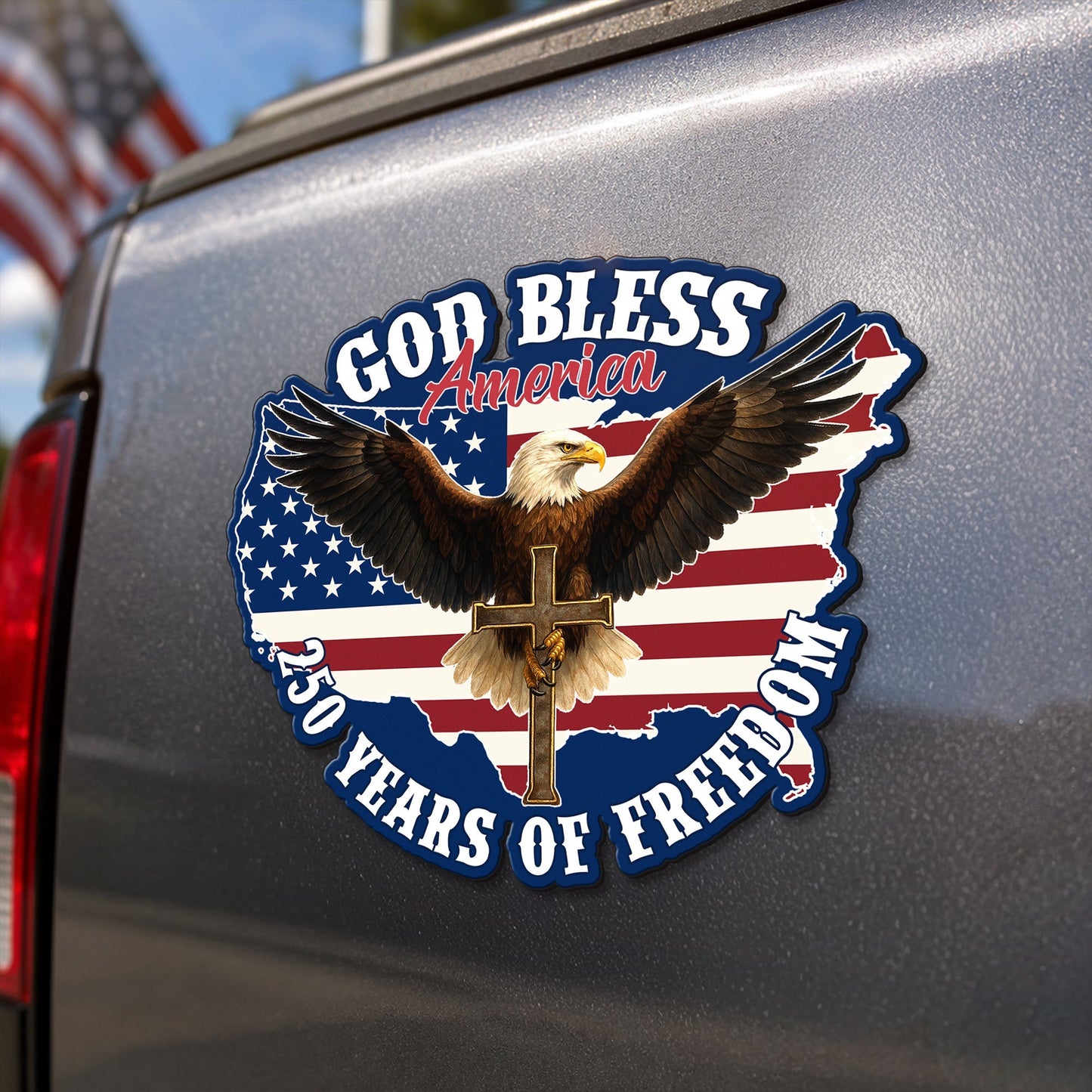 Christian Car Magnet with Eagle Cross - God Bless America Design