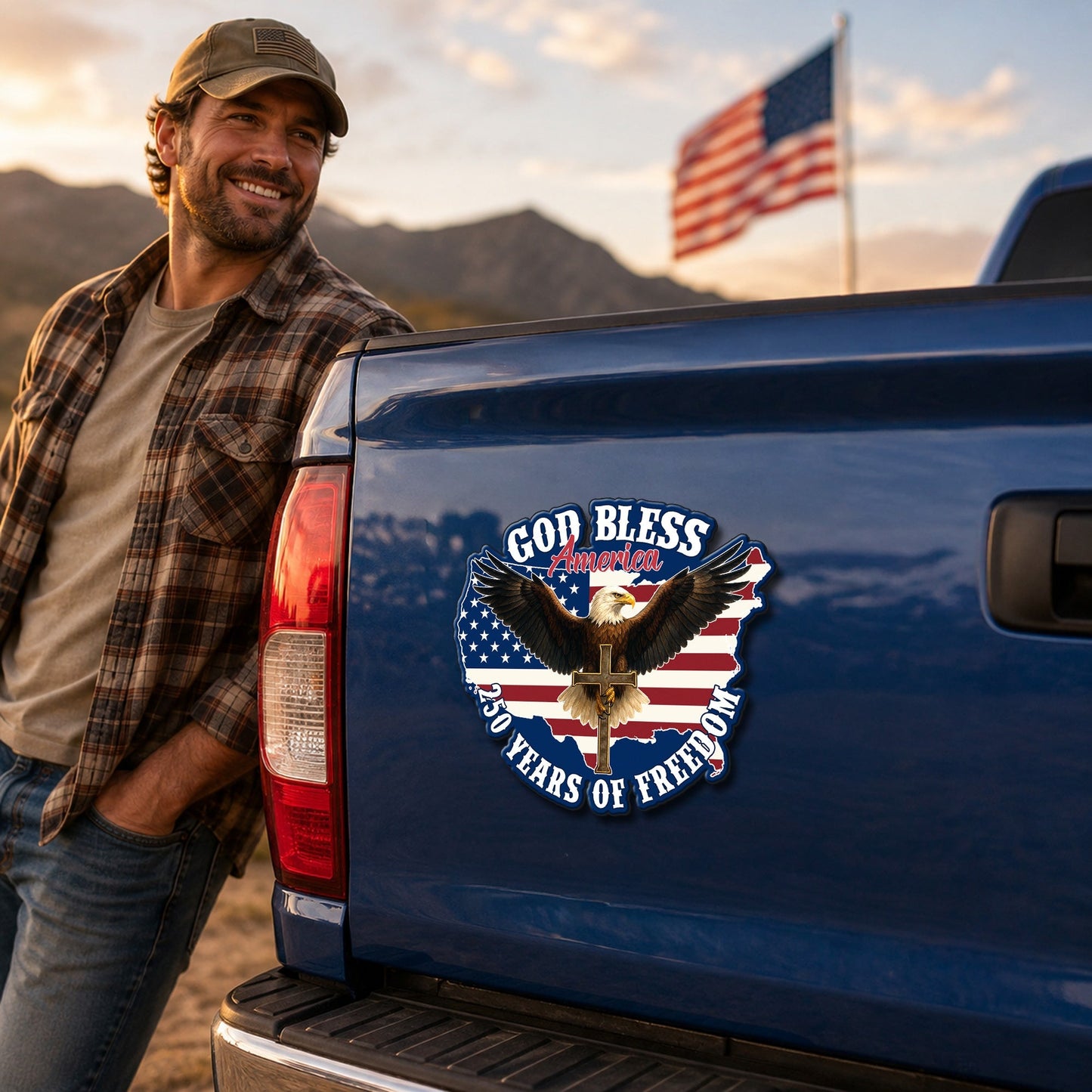 Christian Car Magnet with Eagle Cross - God Bless America Design