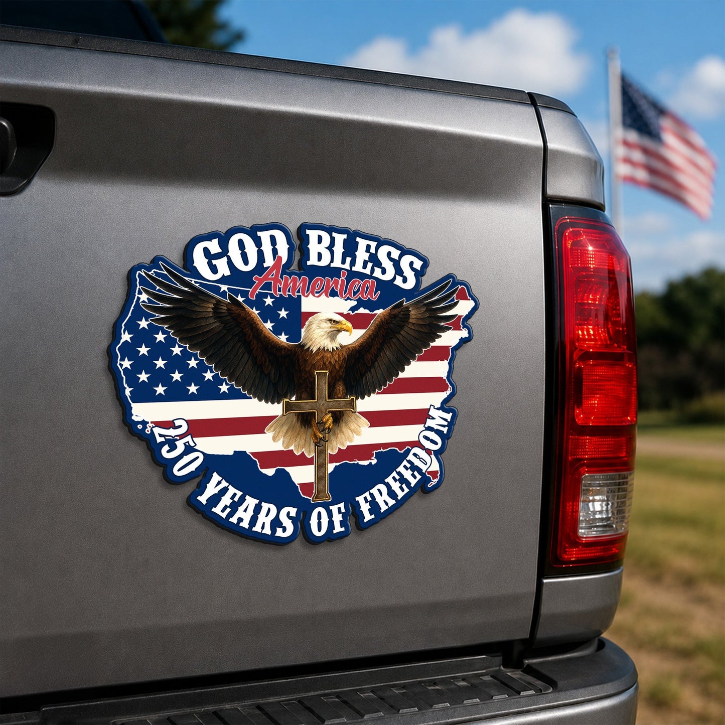 Christian Car Magnet with Eagle Cross - God Bless America Design