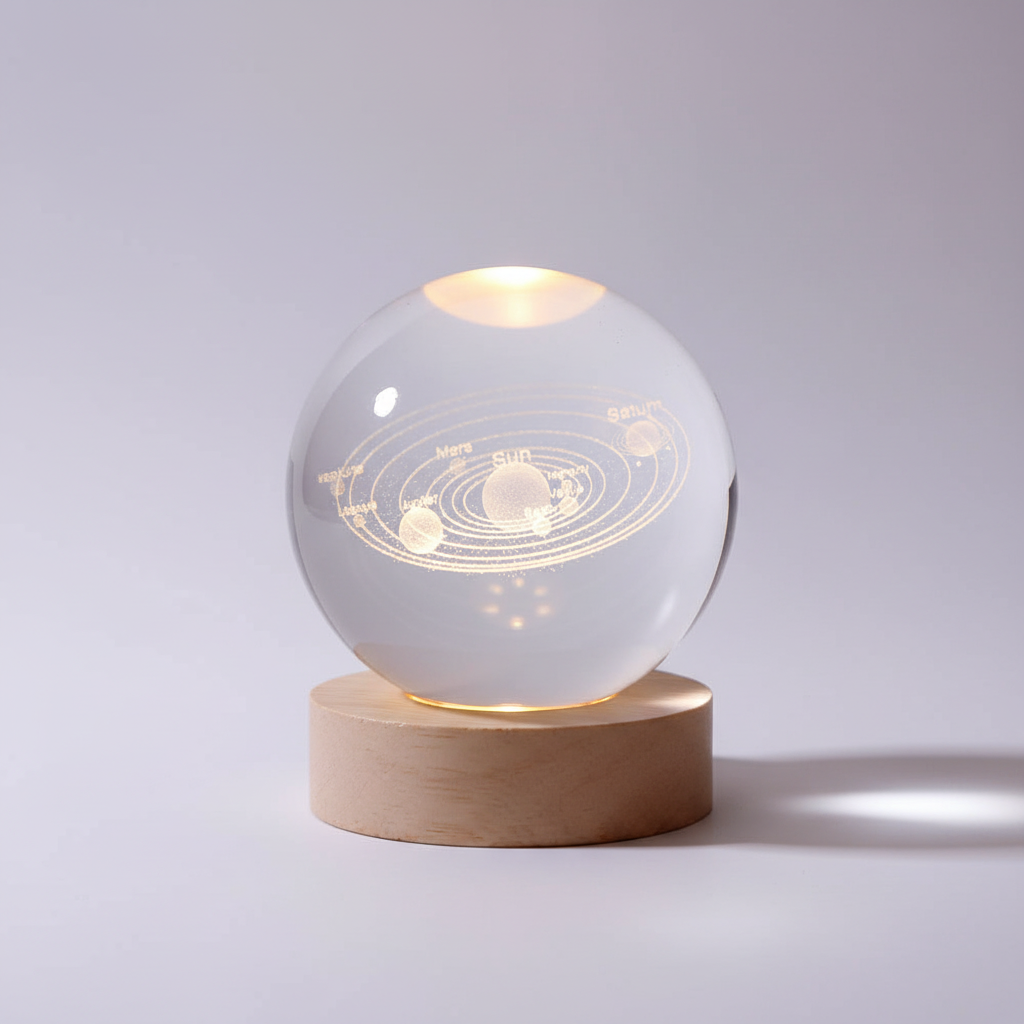 Spherical Wooden 3D Planet Lamp with Warm LED Light