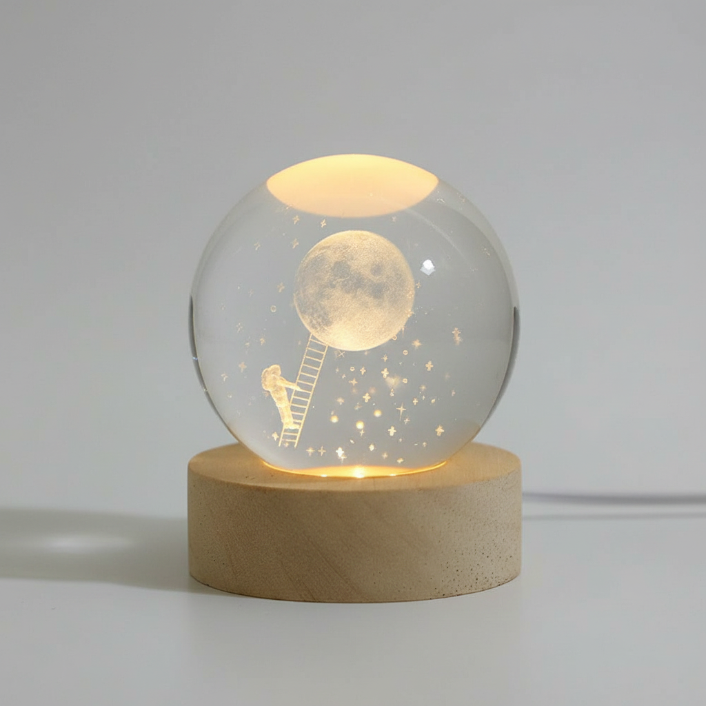 Spherical Wooden 3D Planet Lamp with Warm LED Light