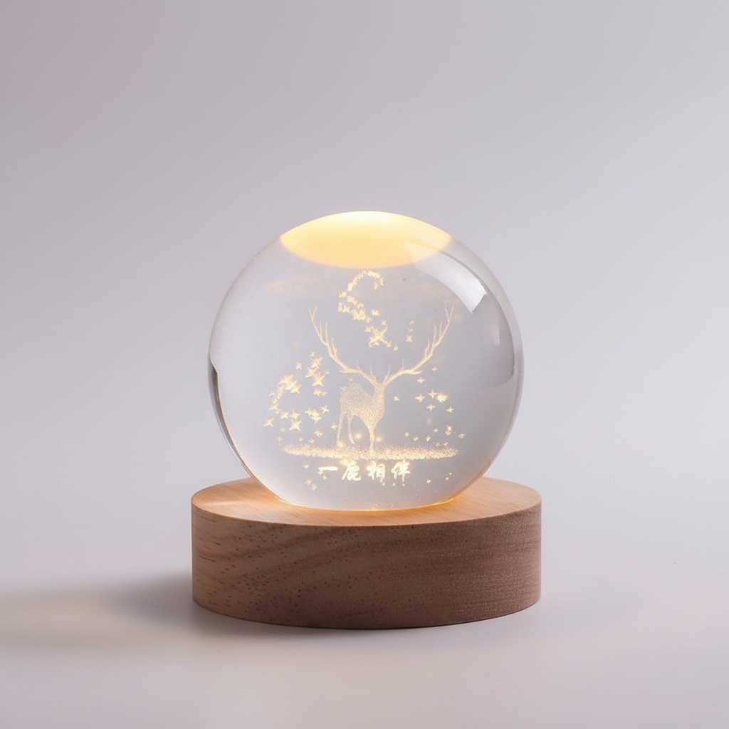Spherical Wooden 3D Planet Lamp with Warm LED Light