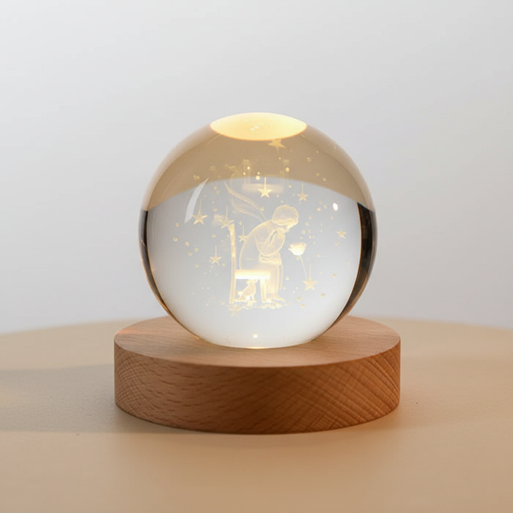 Spherical Wooden 3D Planet Lamp with Warm LED Light
