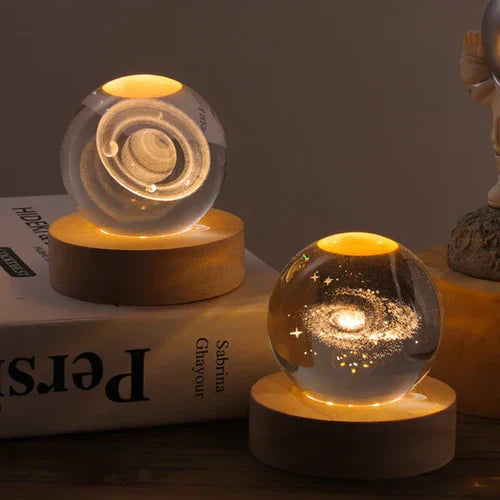 Spherical Wooden 3D Planet Lamp with Warm LED Light