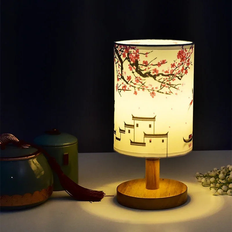 Dimmable LED Bedside Lamp with Plum Blossom Fabric Shade