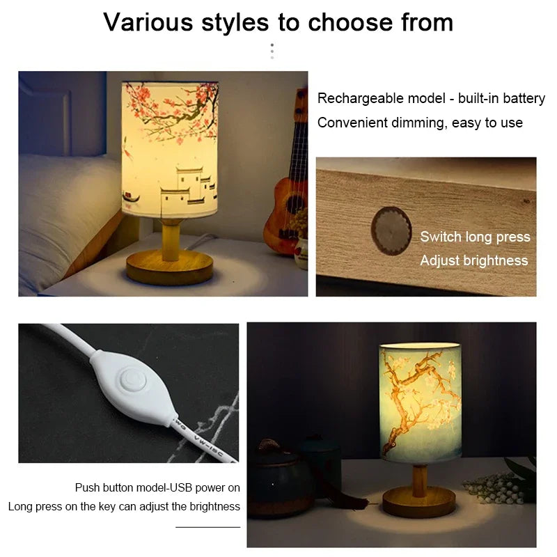 Dimmable LED Bedside Lamp with Plum Blossom Fabric Shade