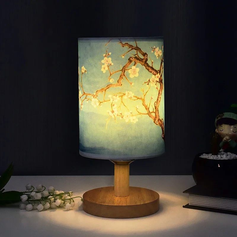 Dimmable LED Bedside Lamp with Plum Blossom Fabric Shade