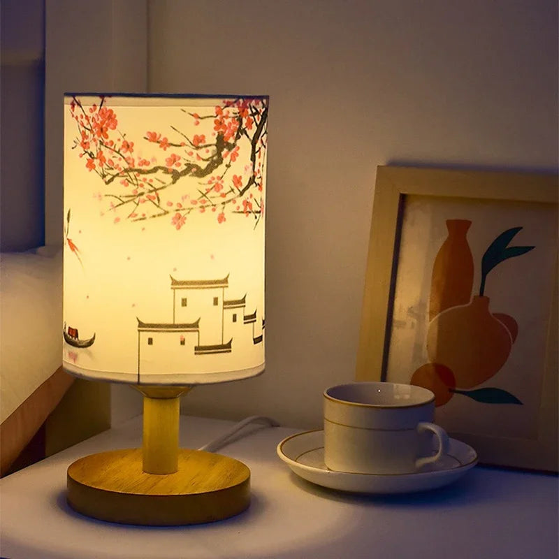 Dimmable LED Bedside Lamp with Plum Blossom Fabric Shade