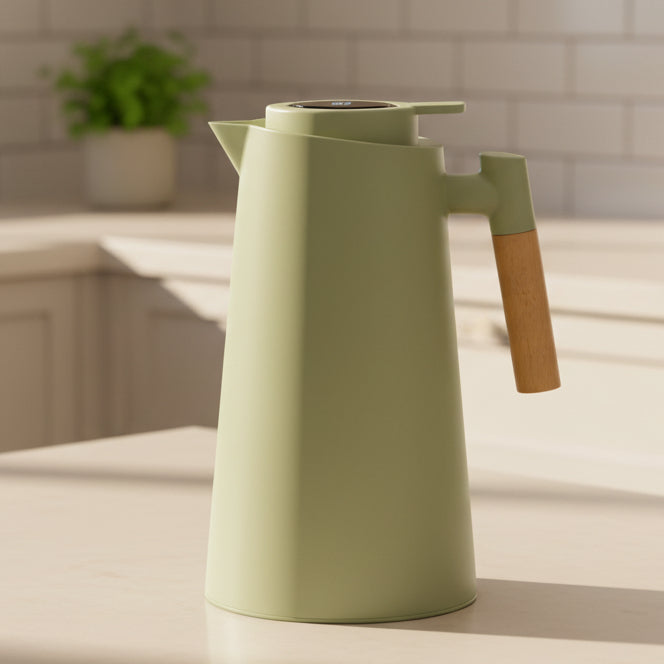 Double-Walled Stainless Steel Thermos with Temperature Display and Wooden Handle