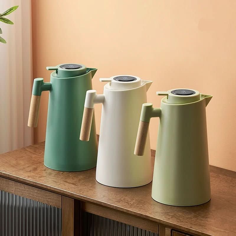 Double-Walled Stainless Steel Thermos with Temperature Display and Wooden Handle