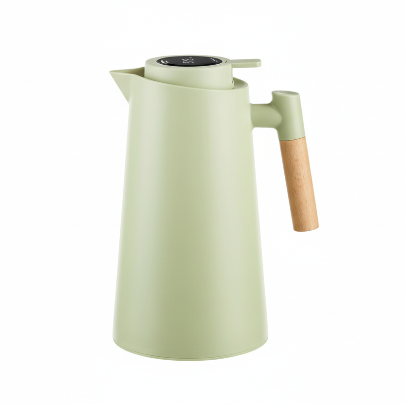 Double-Walled Stainless Steel Thermos with Temperature Display and Wooden Handle