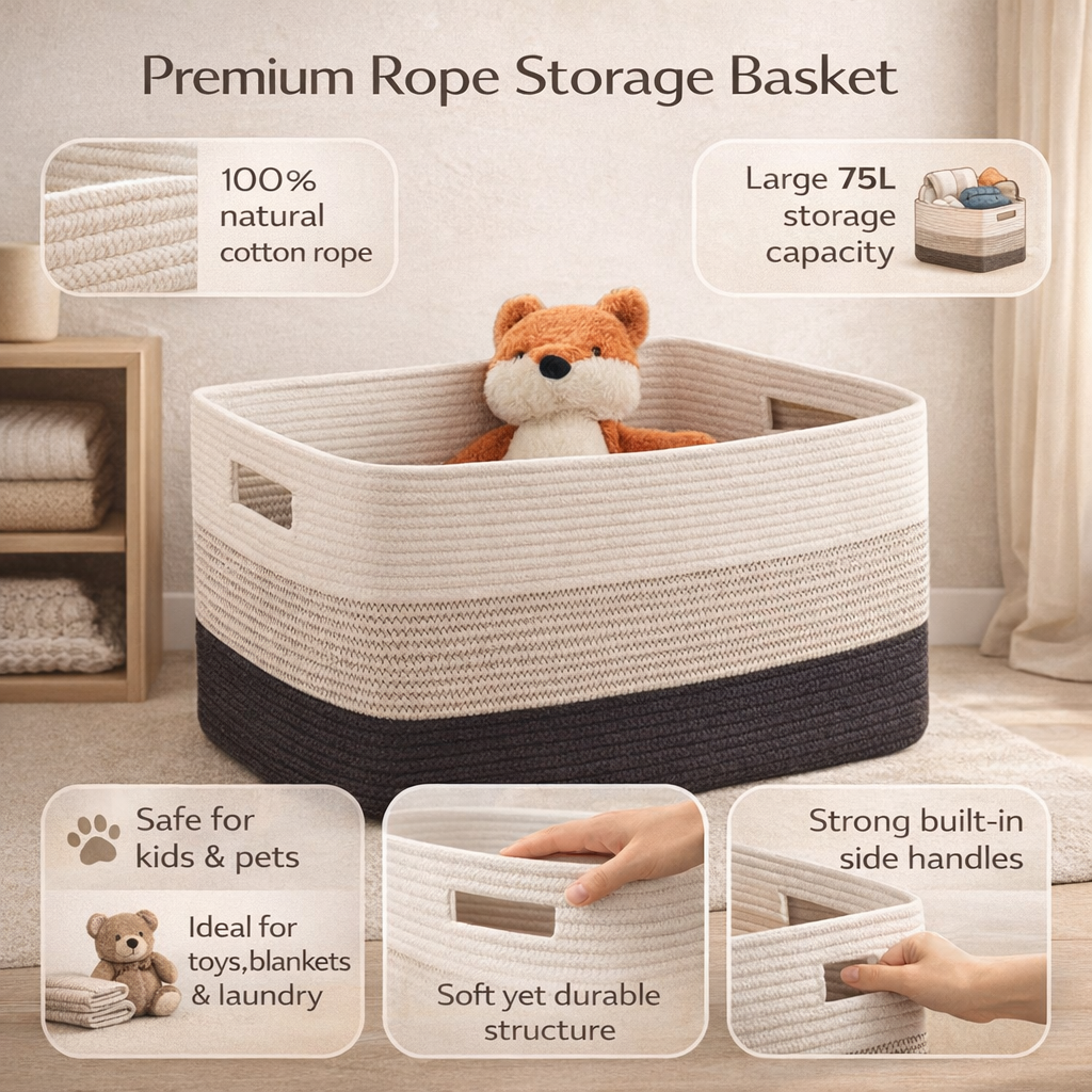 Large Rectangular Rope Storage Basket with Handles