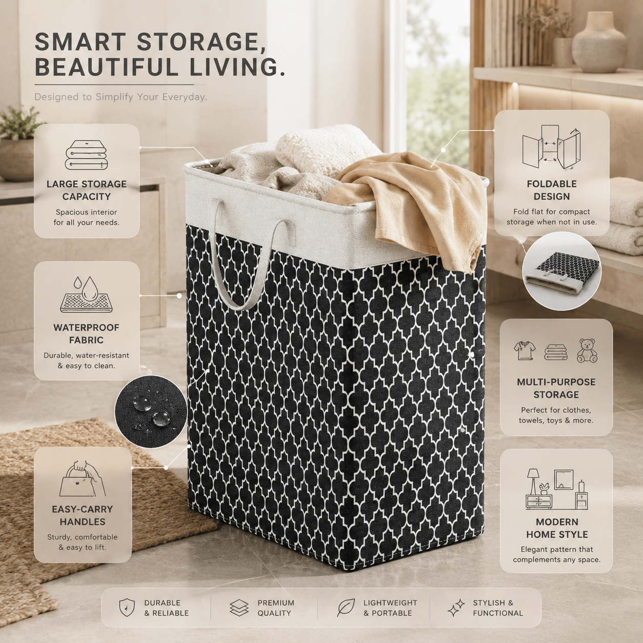 75L Waterproof Foldable Laundry Basket with Handles