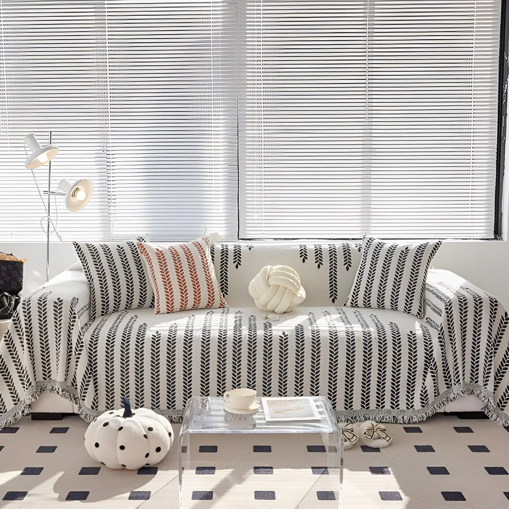 Leaf Design Fringed Microfiber Sofa Cover